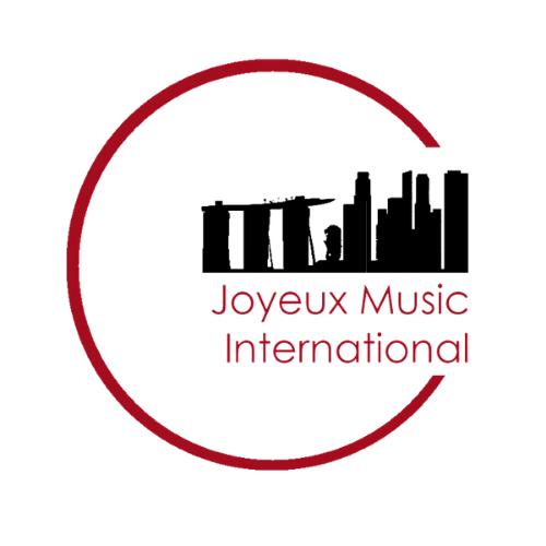 Logo with a partial red circle, stylized city skyline, and the text 'Joyeux Music International'.