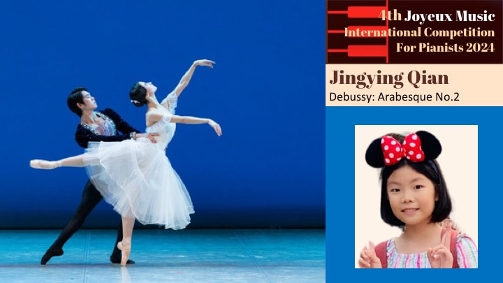 A ballet performance with a male and female dancer on stage, and a poster for a music competition featuring a young girl wearing Minnie Mouse ears headband.