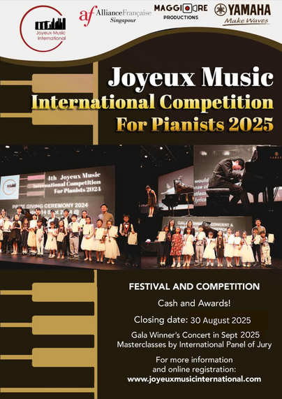 Poster for the Joyeux Music International Competition for Pianists 2025, featuring event details, sponsor logos, and photos of students and a pianist.