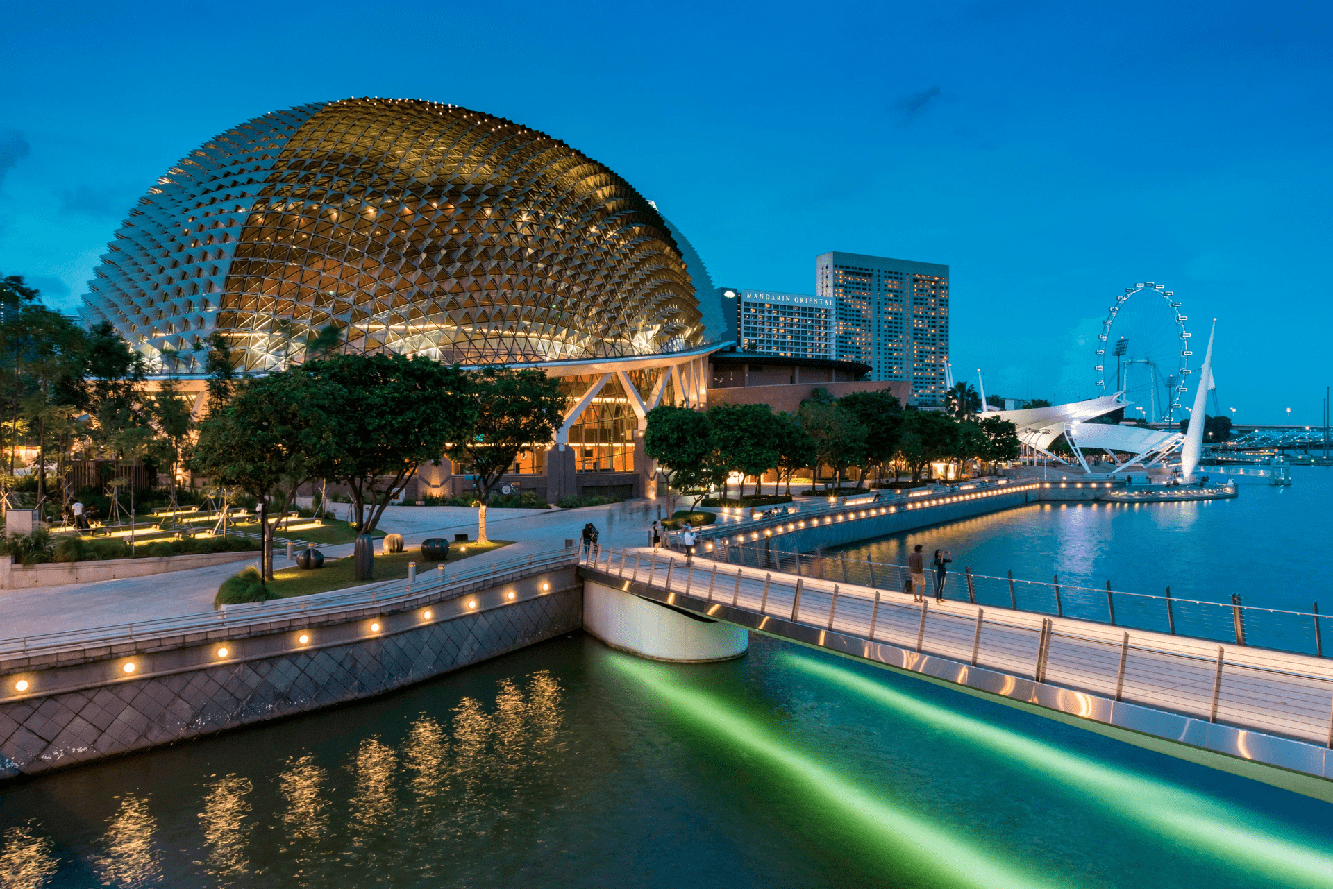 Nighttime view of Marina Bay Sands in Singapore with the ArtScience Museum, surrounding water, and the Singapore Flyer Ferris wheel in the background, illuminated by city lights.