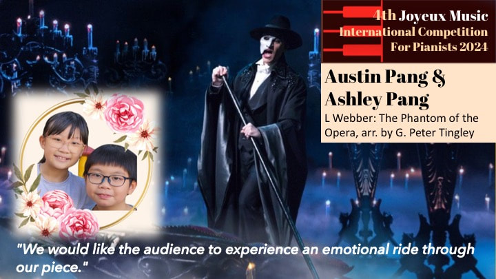 Promotional poster for the 4th Juveux Music International Competition for Pianists 2024 featuring Austin Pang and Ashley Pang, with a background of a singer in theatrical costume and two children in a floral frame.