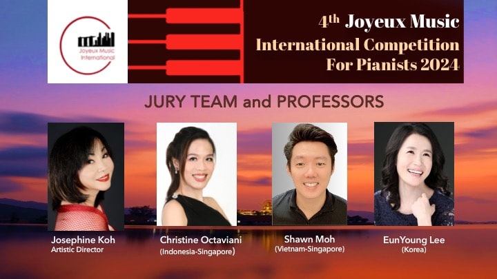 Conference banner for the 4th Joyeux Music International Competition for Pianists 2024, featuring judges and professors Josephine Koh, Christine Octavianti, Shawn Moh, and EunYoung Lee, with a sunset background.
