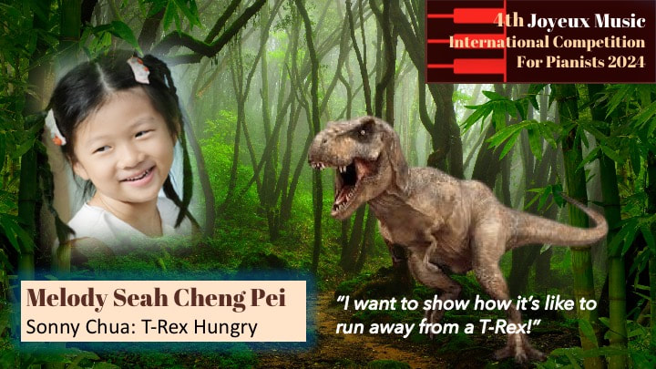 A jungle scene with a young girl smiling and a T-Rex dinosaur. Text indicates a music competition, featuring Melody Seah Cheng Pei, with a quote about running away from a T-Rex.