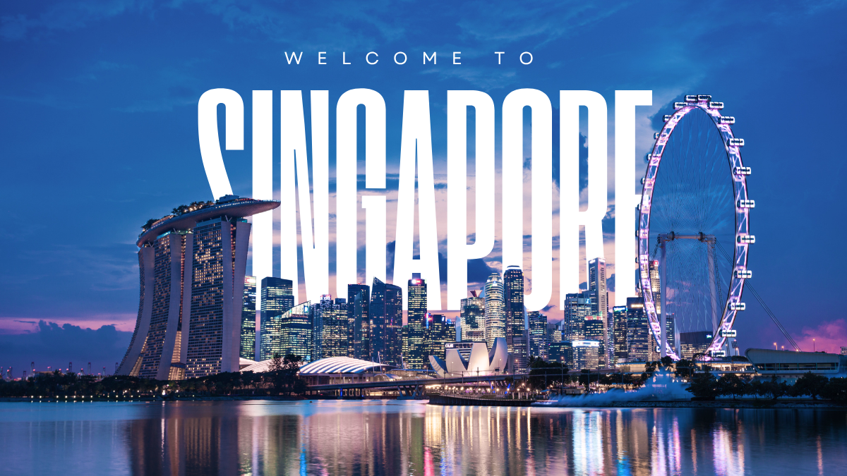 Nighttime view of Singapore's city skyline featuring Marina Bay Sands hotel, Ferris wheel, and city skyscrapers with reflections on the water, overlaid with the text "Welcome to Singapore."