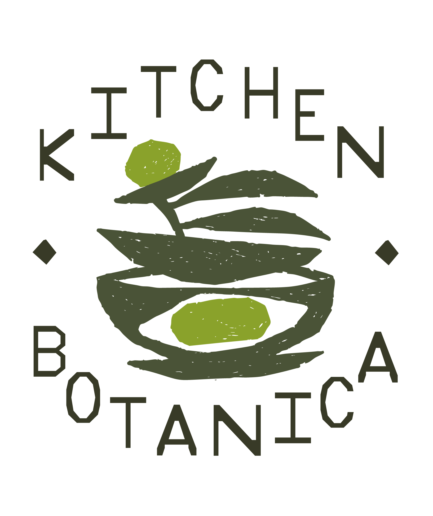 Stylized text reading 'KITCHEN BOUTIQUE' with illustrations of limes, lemon, and leaves in shades of green and black background.