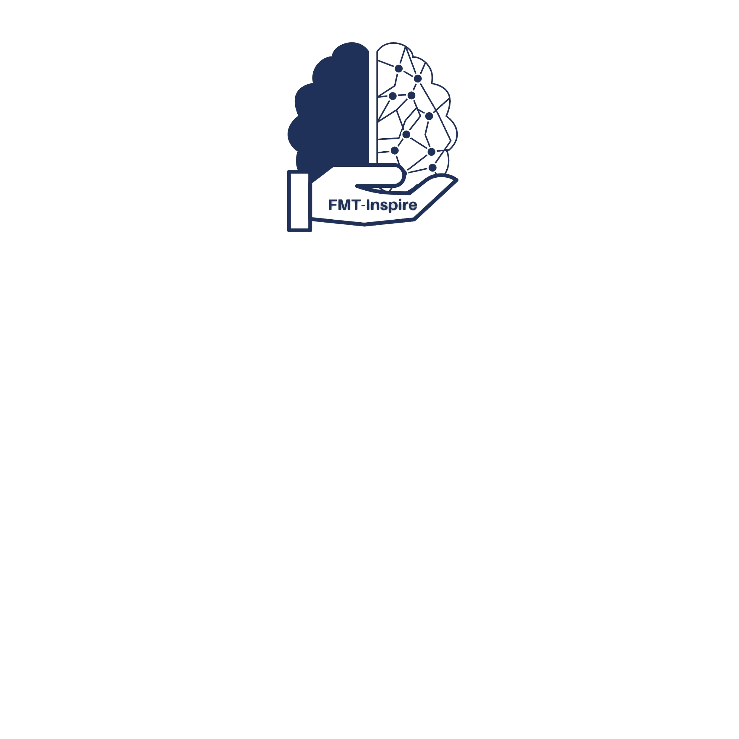 Une illustration d'une main tenant un cerveau stylisé. La moitié gauche du cerveau est représentée en silhouette sombre, tandis que la moitié droite est composée de points connectés par des lignes, évoquant un réseau ou une connexion neuronale. Sous la main, il y a l'inscription "FMT-Inspire".