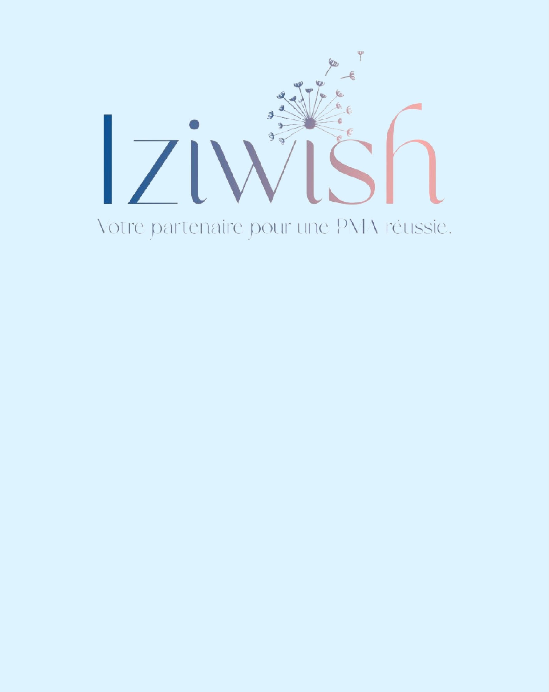 Logo avec un dandelion stylisé et le texte 'lzwish' en dégradé de bleu à rose. Slogan en dessous : 'Votre partenaire pour une PMA réussie.'