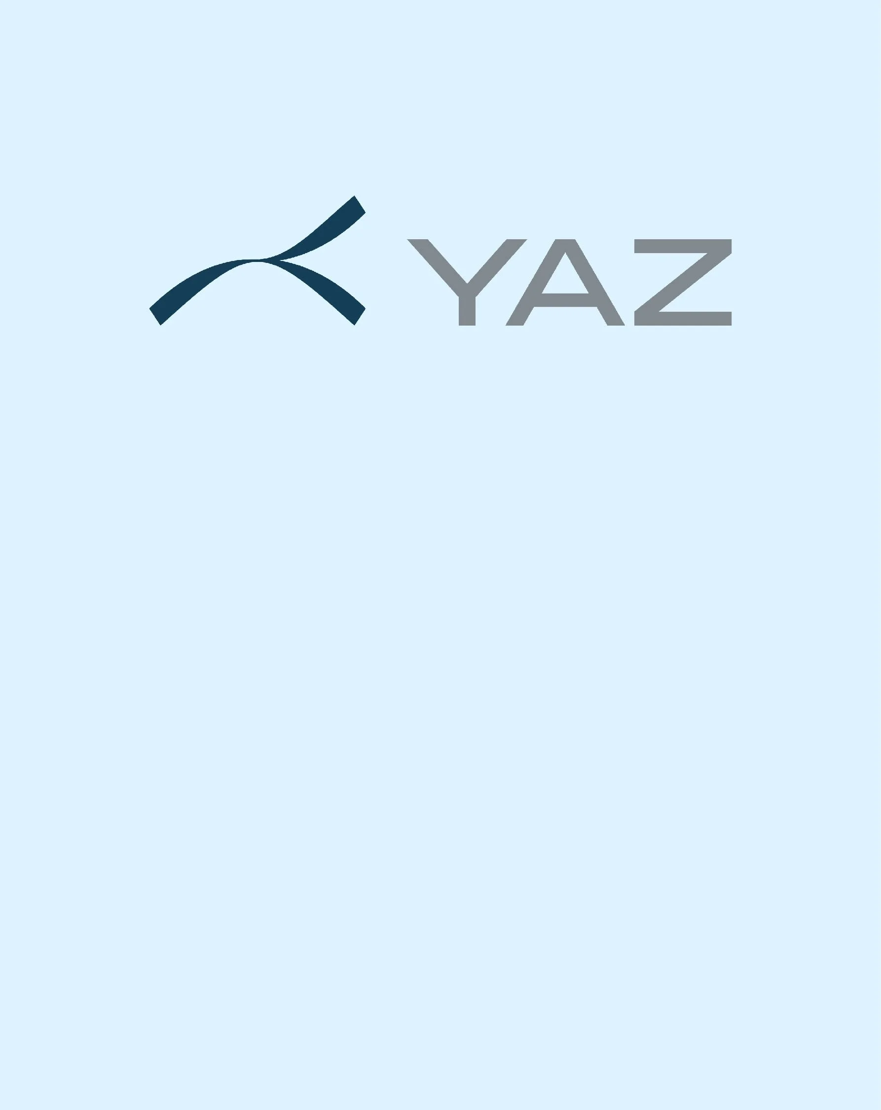 Logo avec un symbole abstrait bleu foncé et gris avec le texte 'YAZ' sur fond bleu clair.