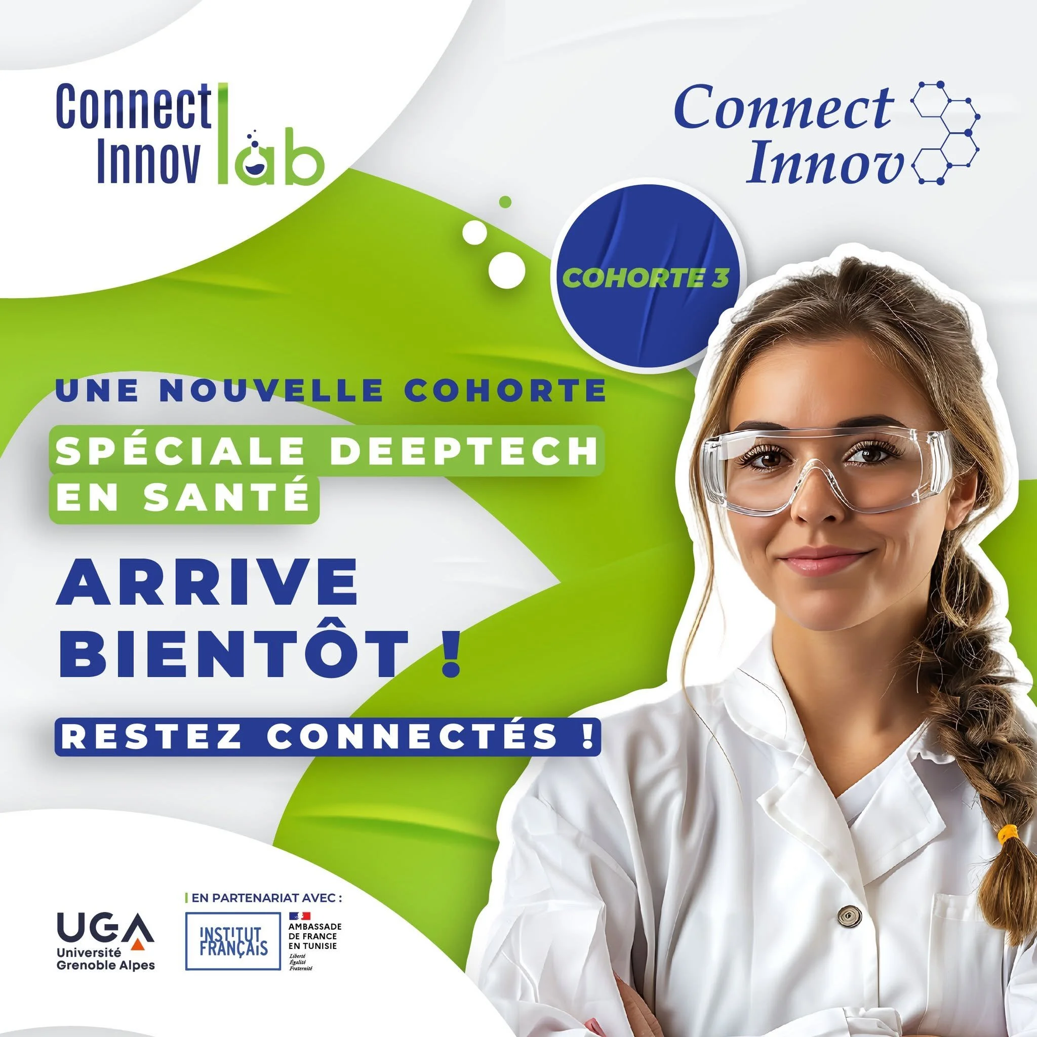 Une affiche promotionnelle pour une cohorte de formation en santé avec une femme portant des lunettes de protection, logos des universités et institutions partenaires, et texte en français.