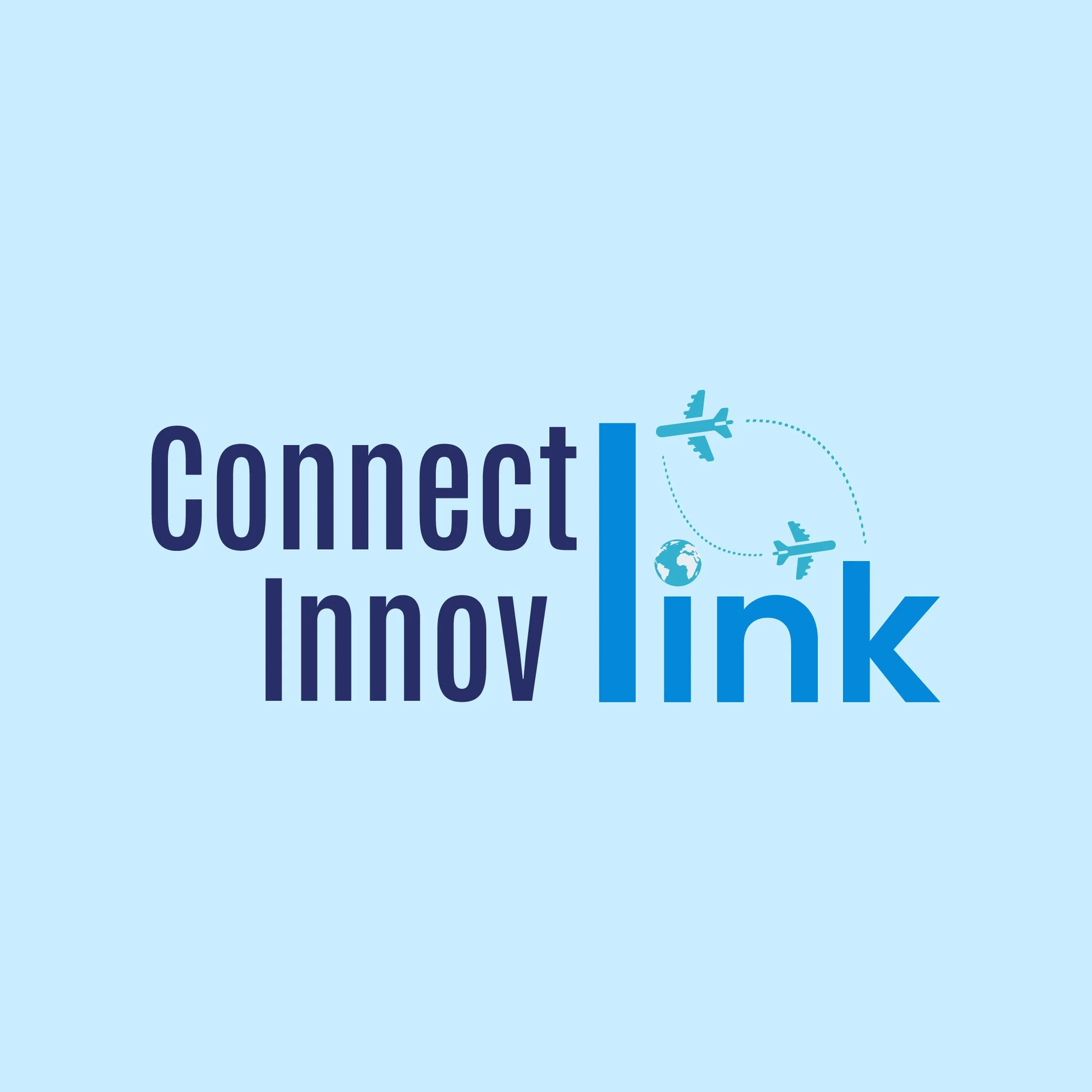 Une illustration de l'icône de l'aéroport avec un avion en vol et une trace pour représenter le voyage, accompagnée du texte 'connect', 'link' et 'innov'.