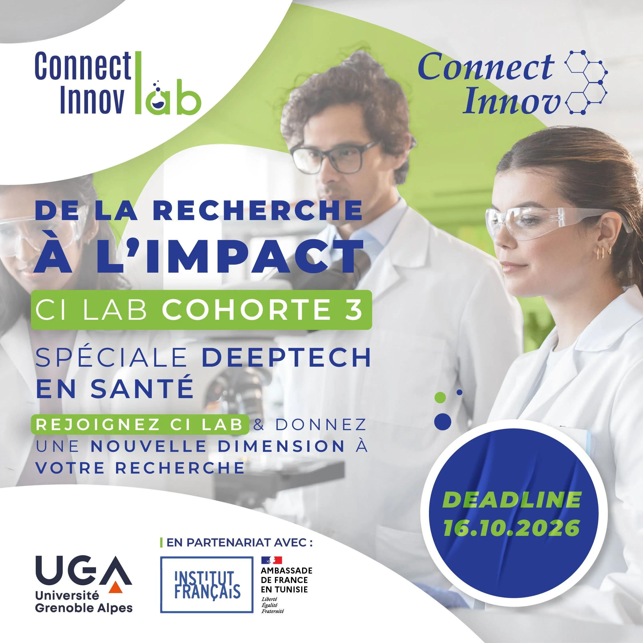 Programme de conférence sur la recherche en santé, organisée par le Lab Cohrte 3, en partenariat avec des institutions françaises et tunisiennes, se tenant le 16 octobre 2026.