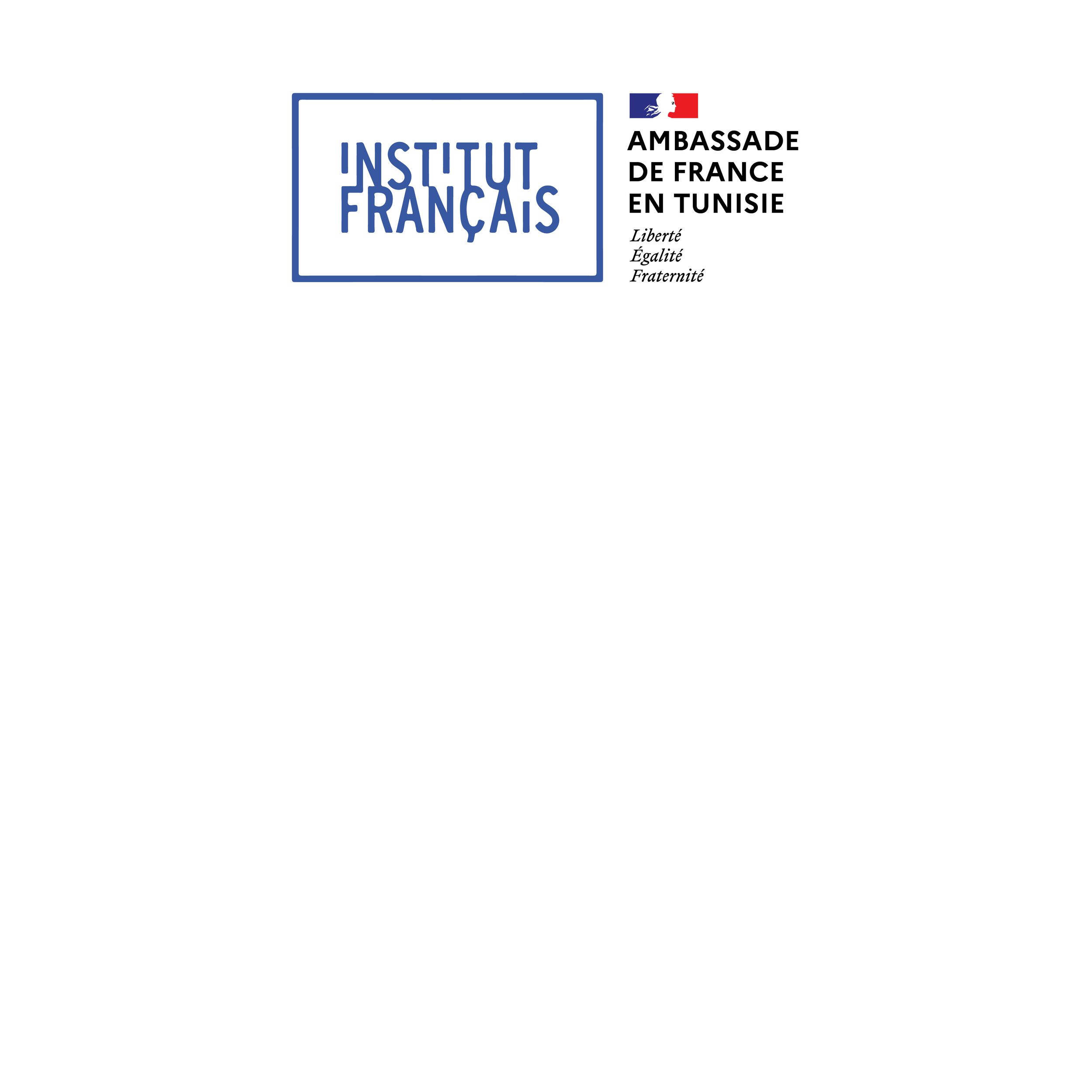 Logo de l'Institut français, avec une mention de l'ambassade de France en Tunisie, le drapeau français et un profil de Marianne.