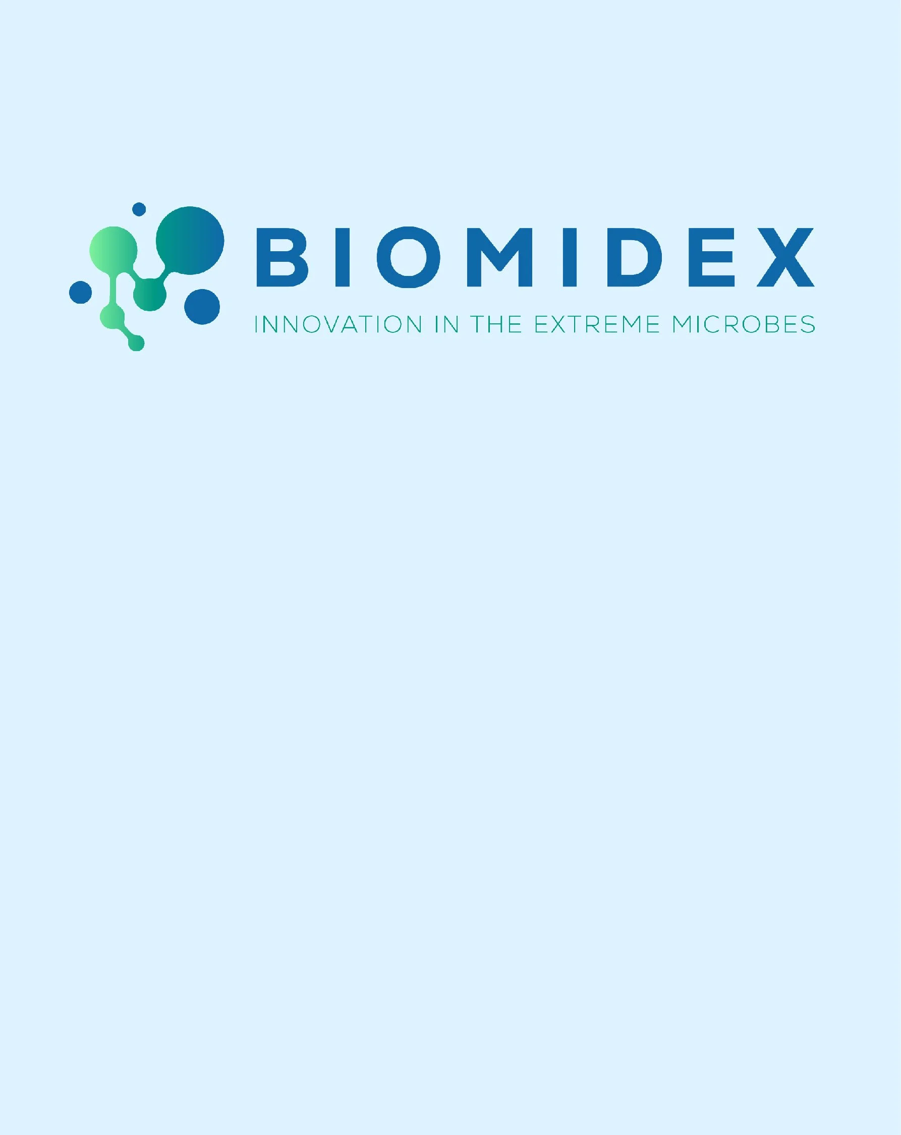 Logo de BIOMIDEX avec un design moléculaire en vert et bleu, suivi du slogan 'Innovation in the Extreme Microbes' en vert sur un fond bleu clair.