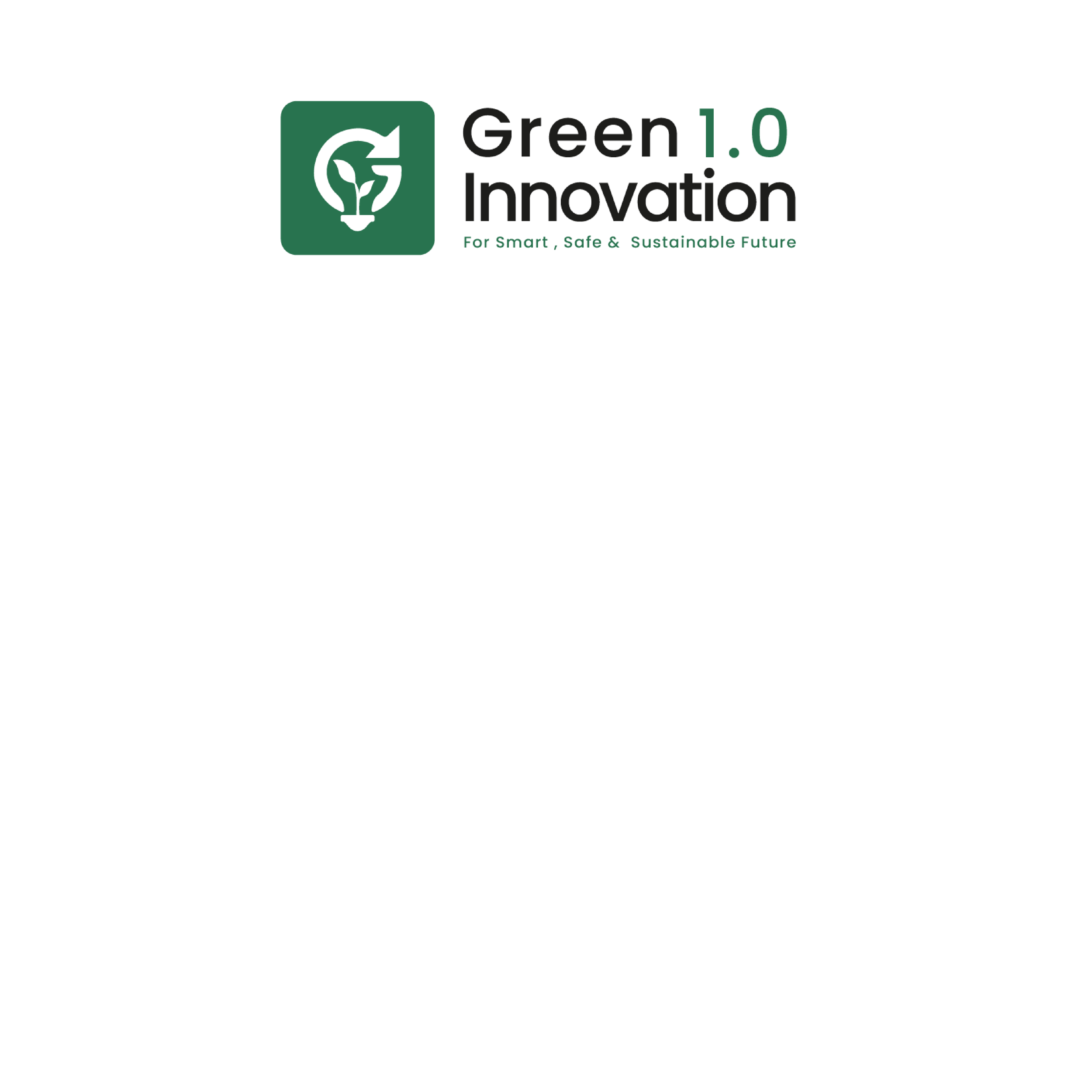 Logo de Green 1.0 Innovation avec un symbole d'une ampoule contenant une feuille, et le texte 'Green 1.0 Innovation' suivi du slogan 'For Smart, Safe & Sustainable Future'.