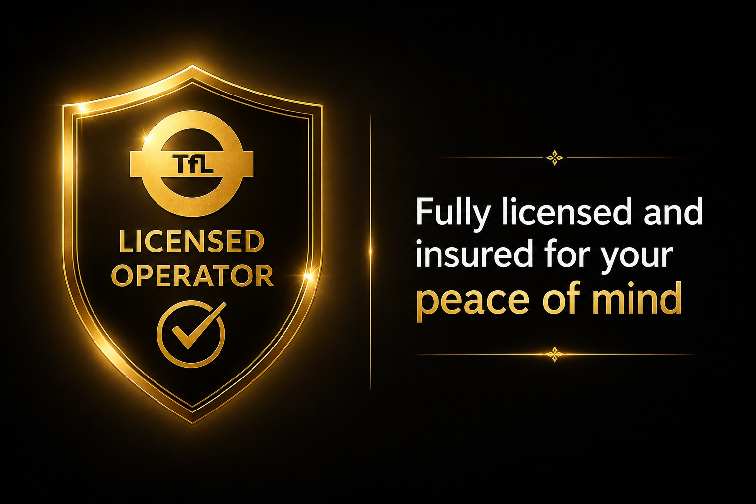 Gold shield emblem with a checkmark and the words "Licensed Operator" and "TFL" logo, alongside text that says "Fully licensed and insured for your peace of mind" on a black background.
