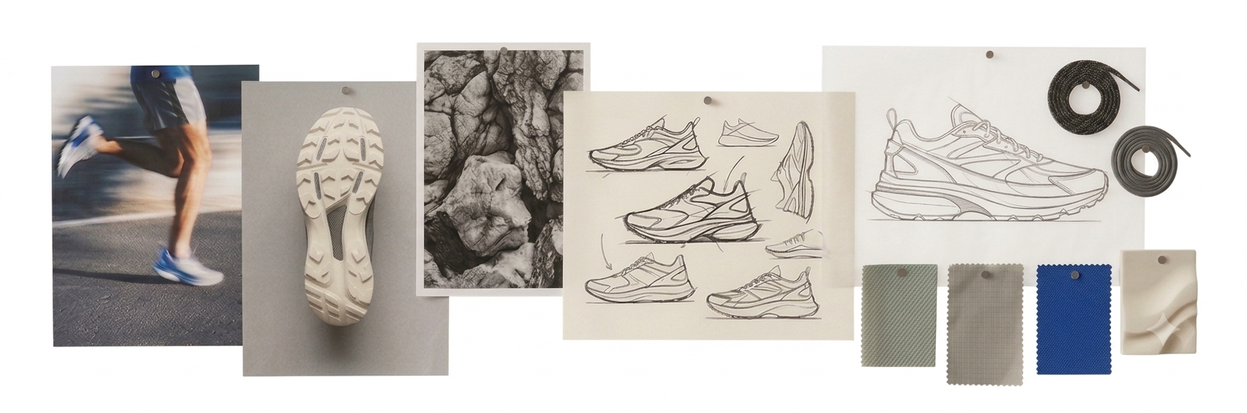 Collage of running shoes sketches, fabric swatches, shoe sole, black and gray shoelaces, photograph of a person running, and black and gray coiled shoelaces.