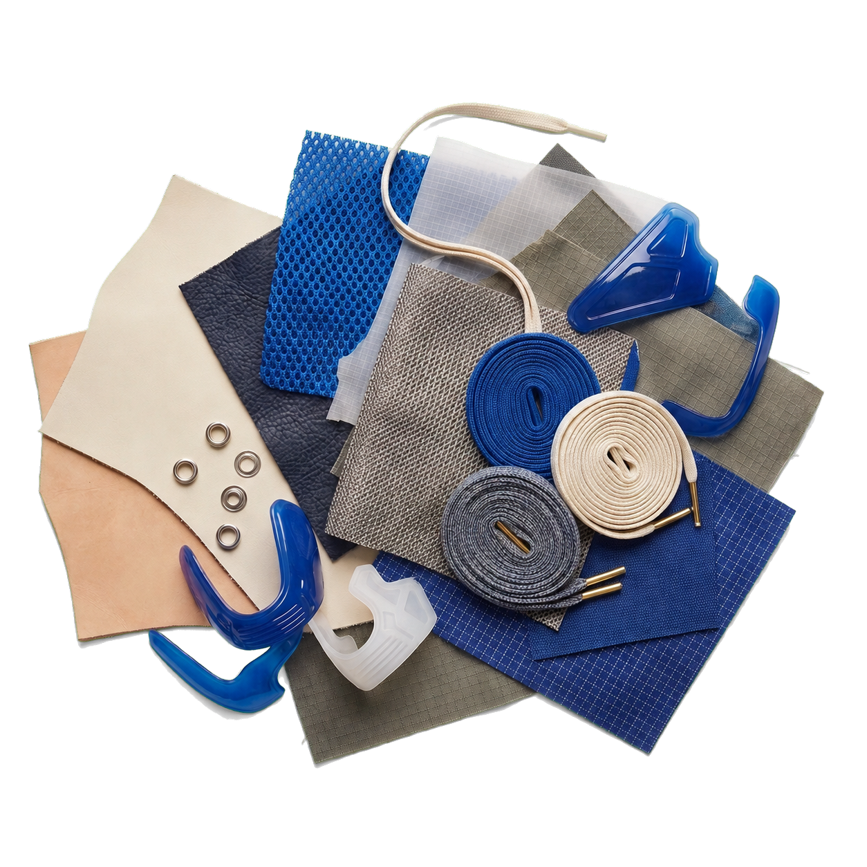 A collection of material swatches in blue, gray, beige, and black colors, including leather, nylon and laces.