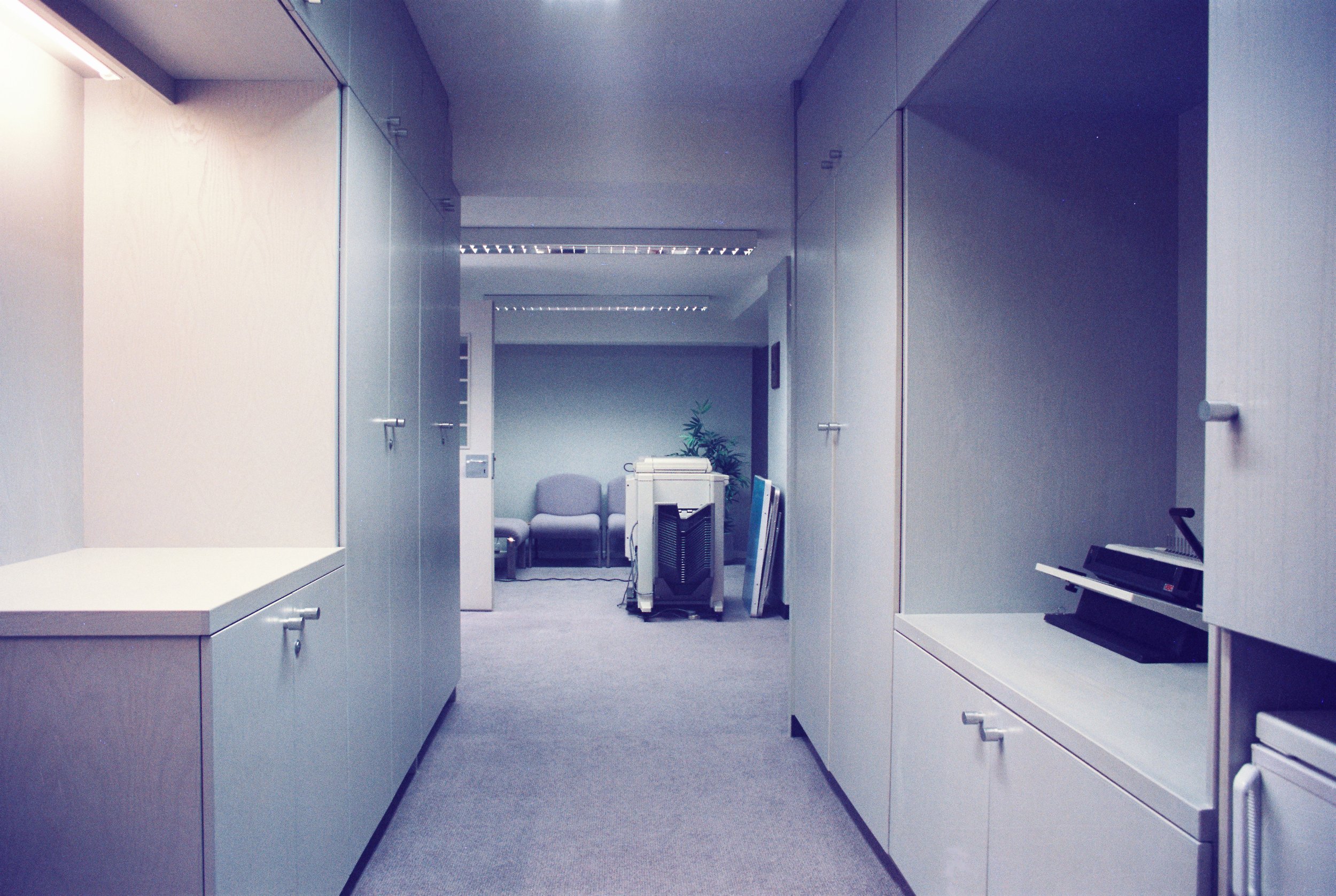 Grey lacquered Ash office storage system.