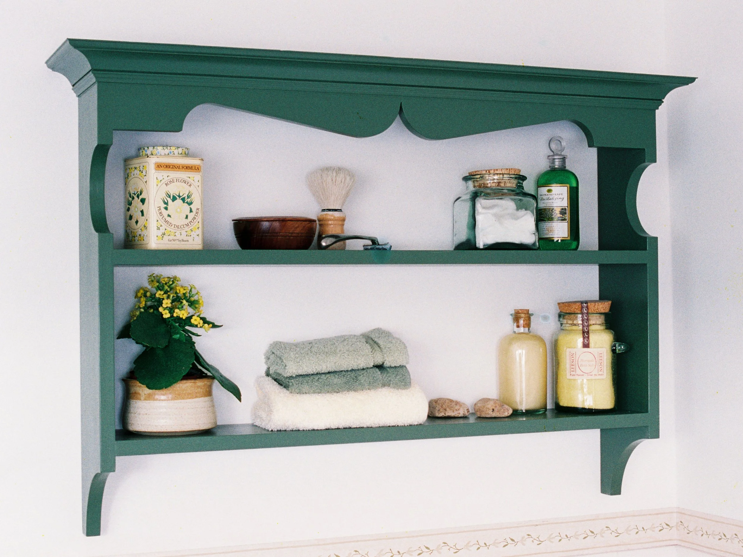 Custom made, Green painted bathroom shelf unit.