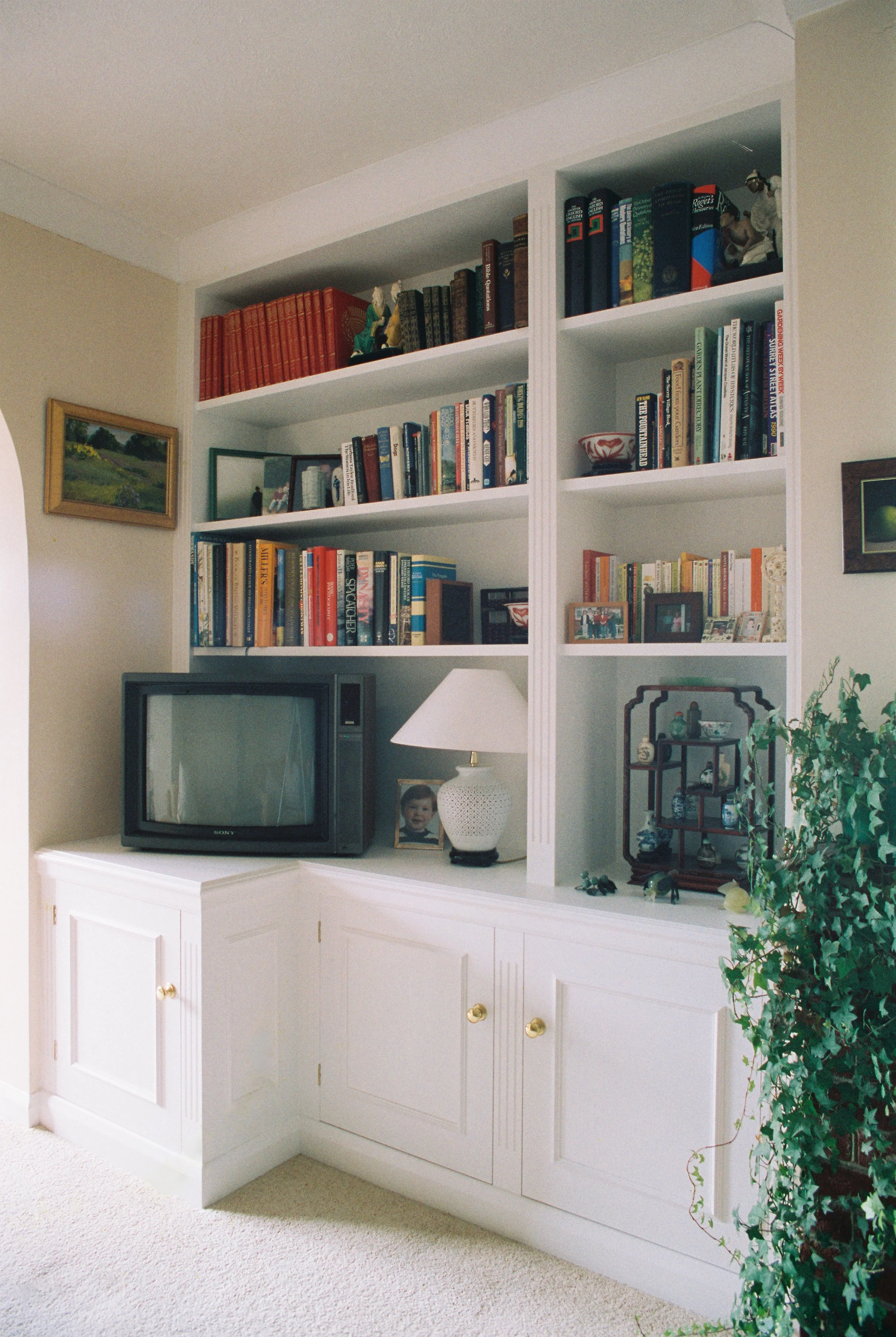 White built-in bookshelf with books, photo frames, a small figurine, a television, a white table lamp, and decorative items, next to a wall with green plants and framed artwork.