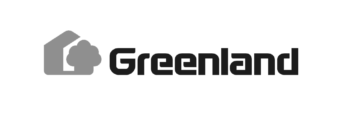 Logo with a house and tree icon next to the text "Greenland" in black font.