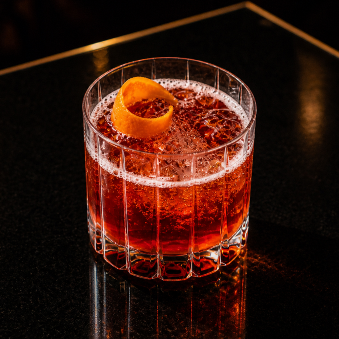 Fadiga Negroni cocktail served over ice with an orange twist at Fadiga, Soho, London.