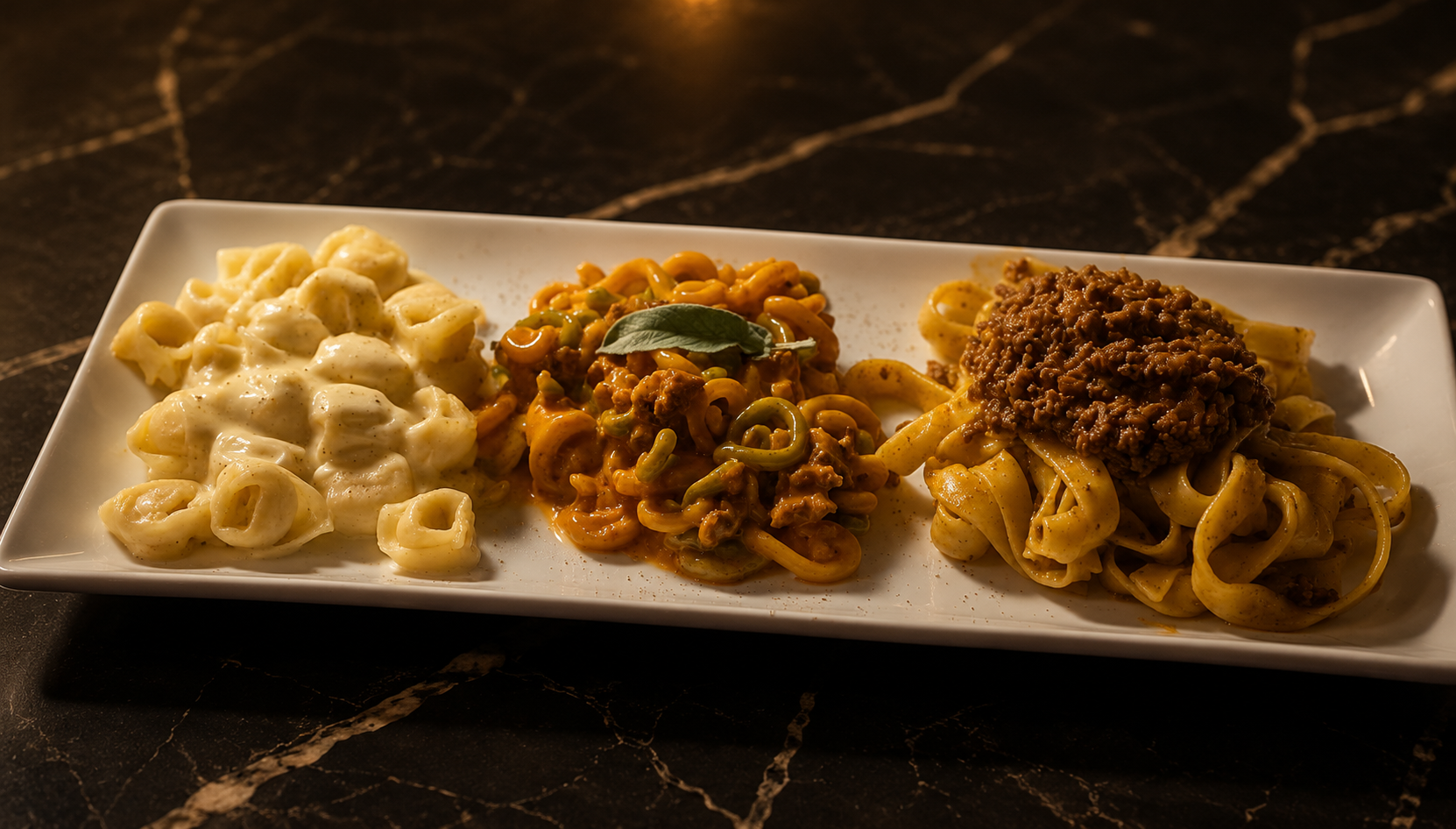 Handmade tagliatelle al ragù, gramigna with sausage and tortellini in Parmigiano Reggiano cream, served as the pasta course of the Bologna Feast at Fadiga, Soho, London.