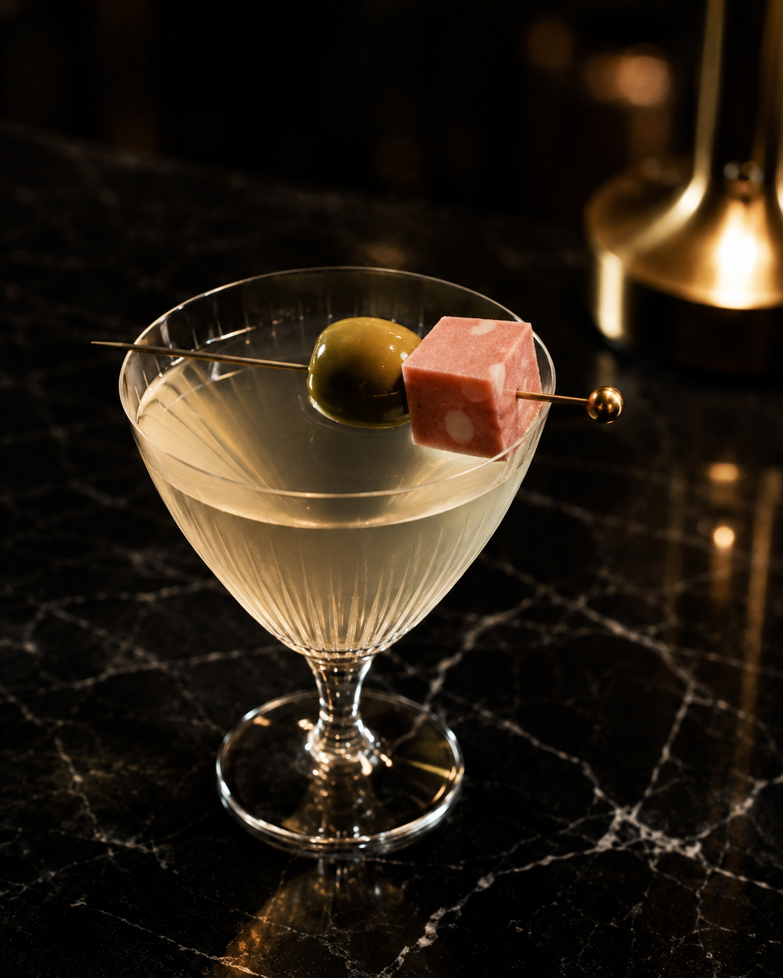 Mortadella Martini, Fadiga's signature cocktail made with gin, Cocchi Americano, dry vermouth, mortadella and a green olive, served in Soho, London.