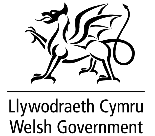 Black and white line drawing of a Welsh dragon with the text 'Llywodraeth Cymru Welsh Government' beneath it.