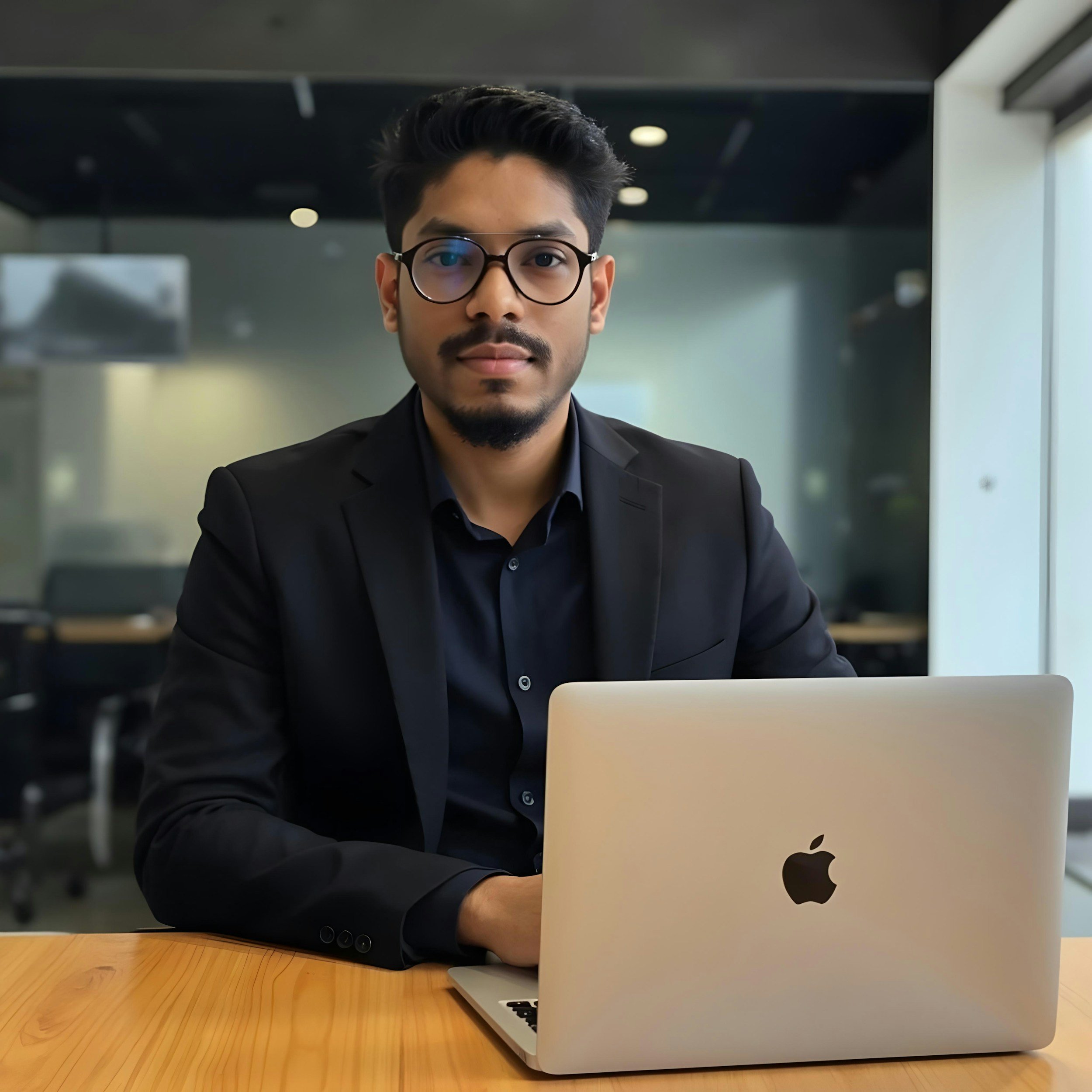 A young man with dark hair, glasses, and a neatly groomed beard, wearing a black suit, sitting at a wooden table with a silver MacBook laptop open in front of him.