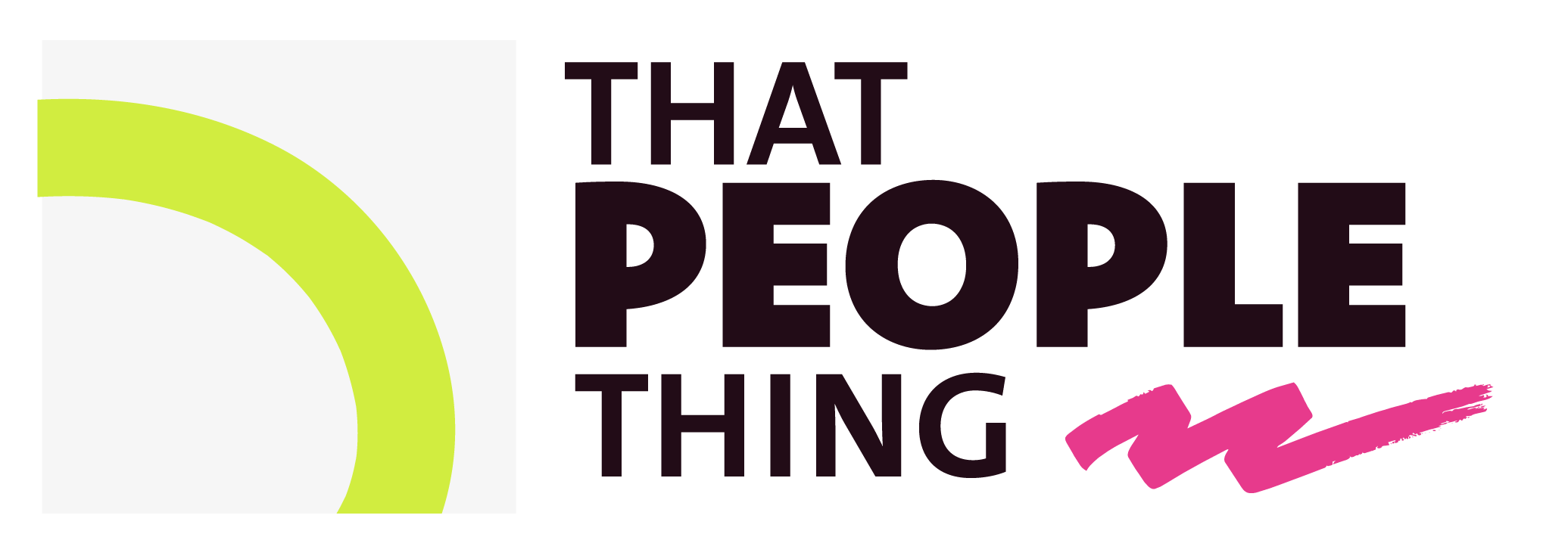 Logo with a green curved line inside a light gray square and text reading 'That People Thing' with 'That' and 'People' in dark purple and 'Thing' in smaller size, with pink brush strokes underneath.