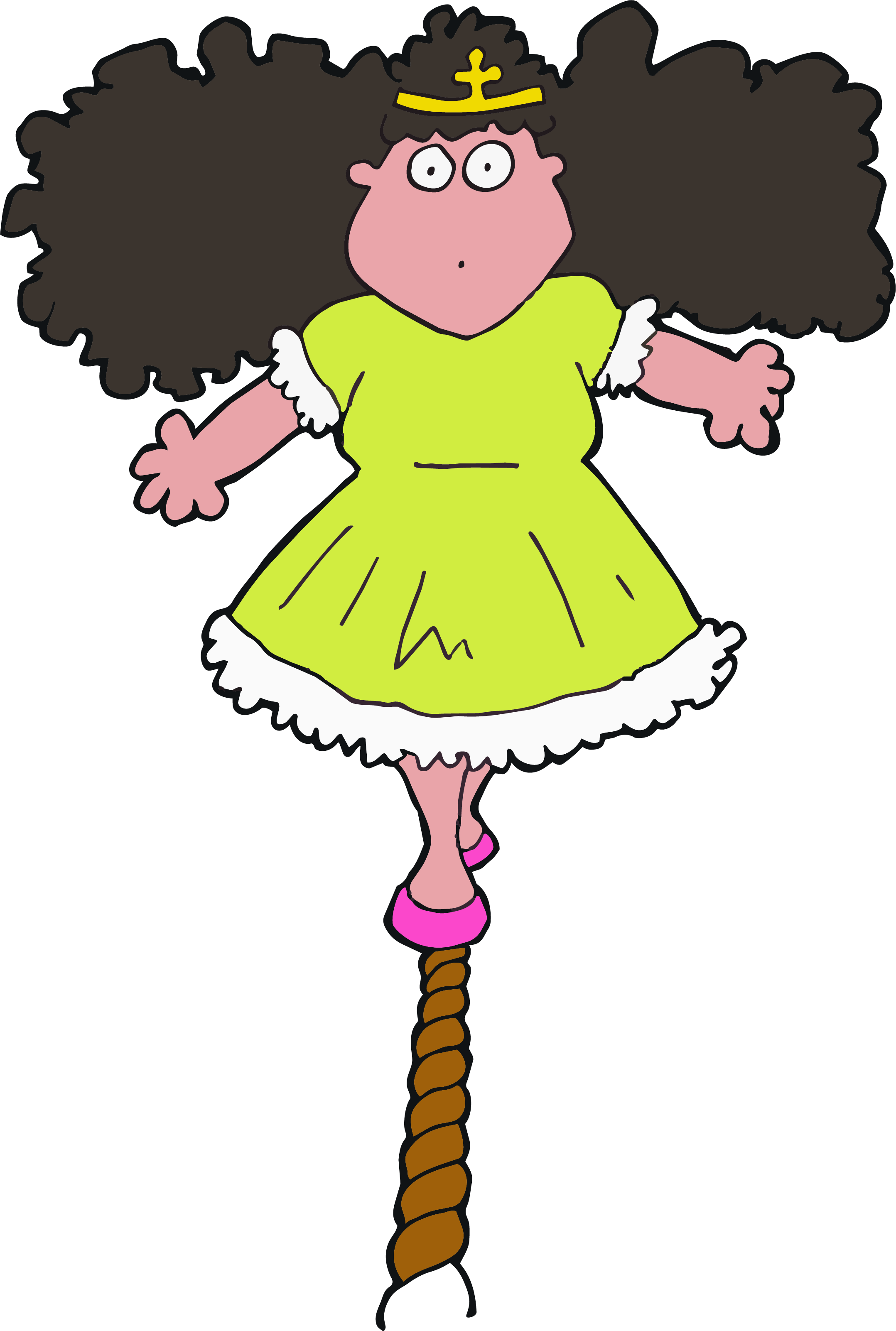 A cartoon witch with a crown, yellow dress with white trim, pink shoes, and a twisted brown staff.