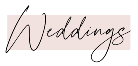 A pink background with the word 'Weddings' written in black cursive script.