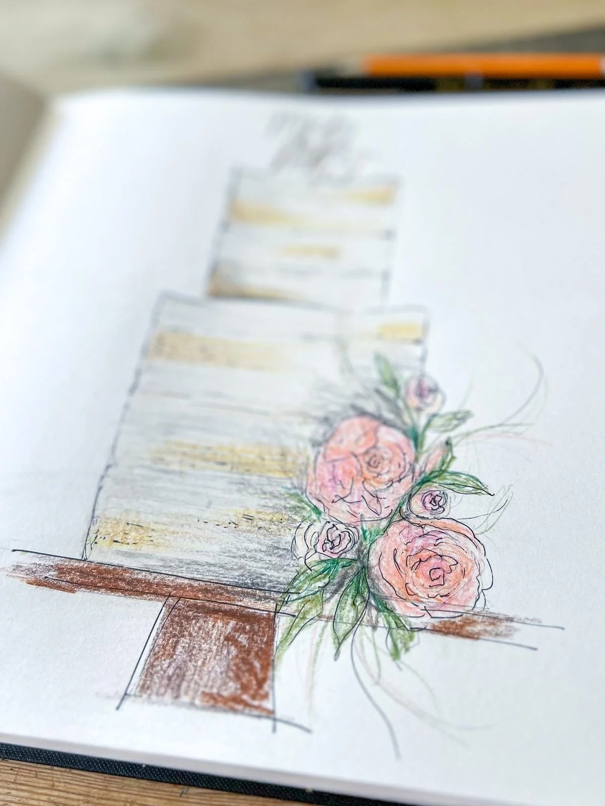 A hand-drawn sketch of a staircase with a bouquet of flowers at the bottom. The staircase is colored with shades of brown and beige, and the flowers are pink with green leaves.