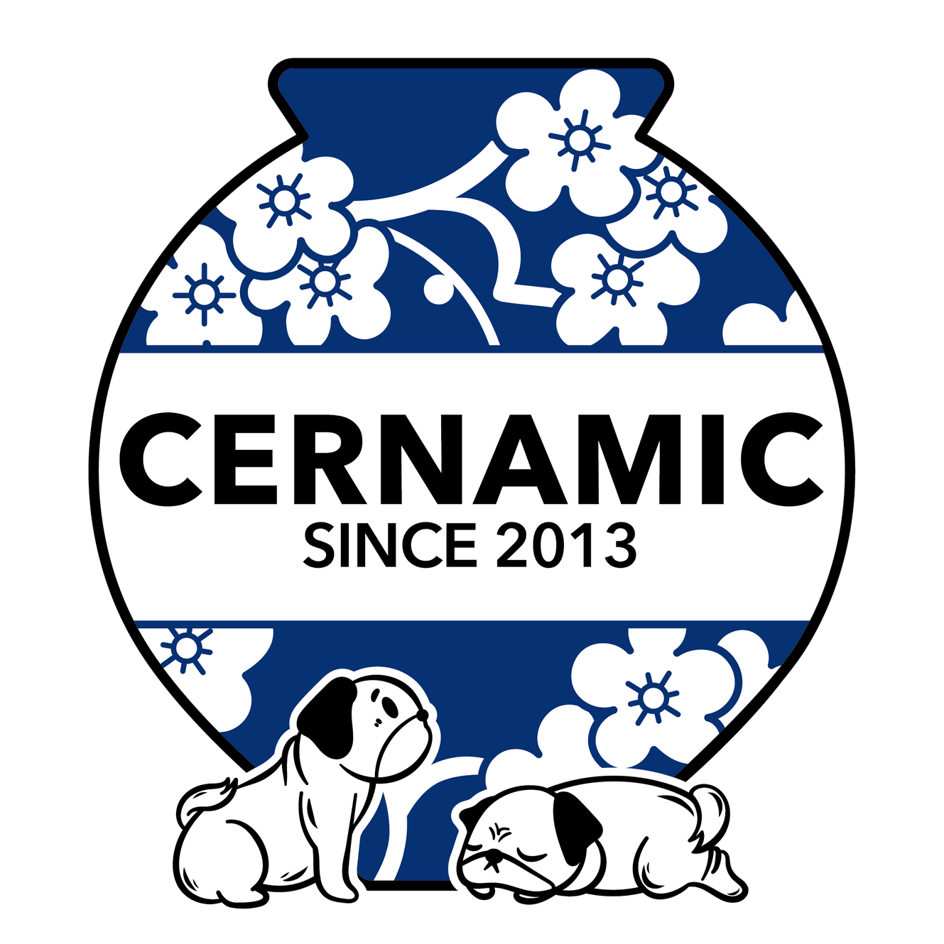A circular logo with a blue background and white floral pattern at the top and bottom. In the center, bold black text says 'CERAMIC SINCE 2013'. At the bottom, there are illustrations of two cute, cartoon-style bulldog puppies, one sitting and the other lying down.