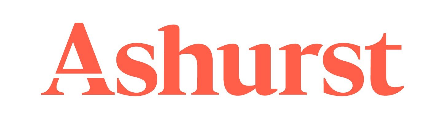 Red text spelling 'Ashurst' on a white background.