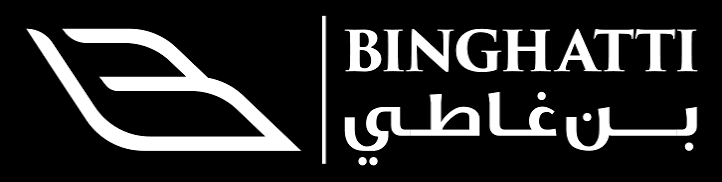A black and white logo with a stylized abstract icon on the left and the text 'BINGHATTI' in large uppercase letters, with Arabic script below.