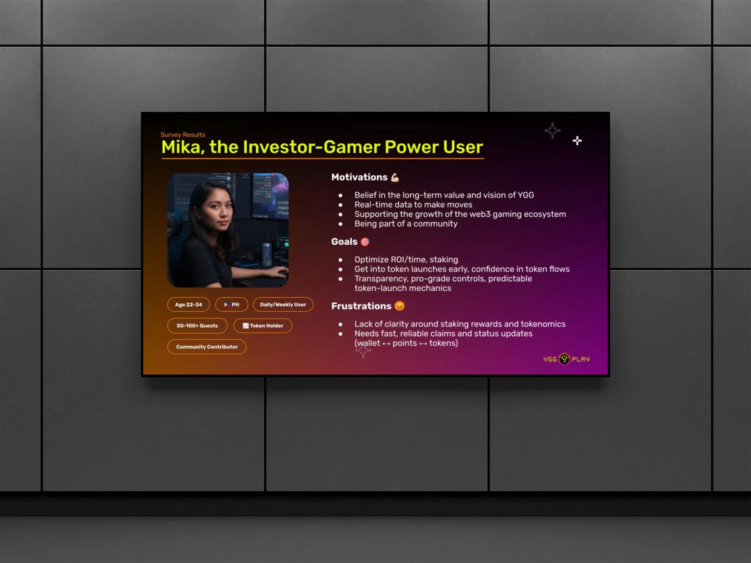 A presentation slide titled "Mika, the Investor-Gamer Power User" with a photo of a woman at a computer, listing motivations, goals, frustrations, and demographic details.