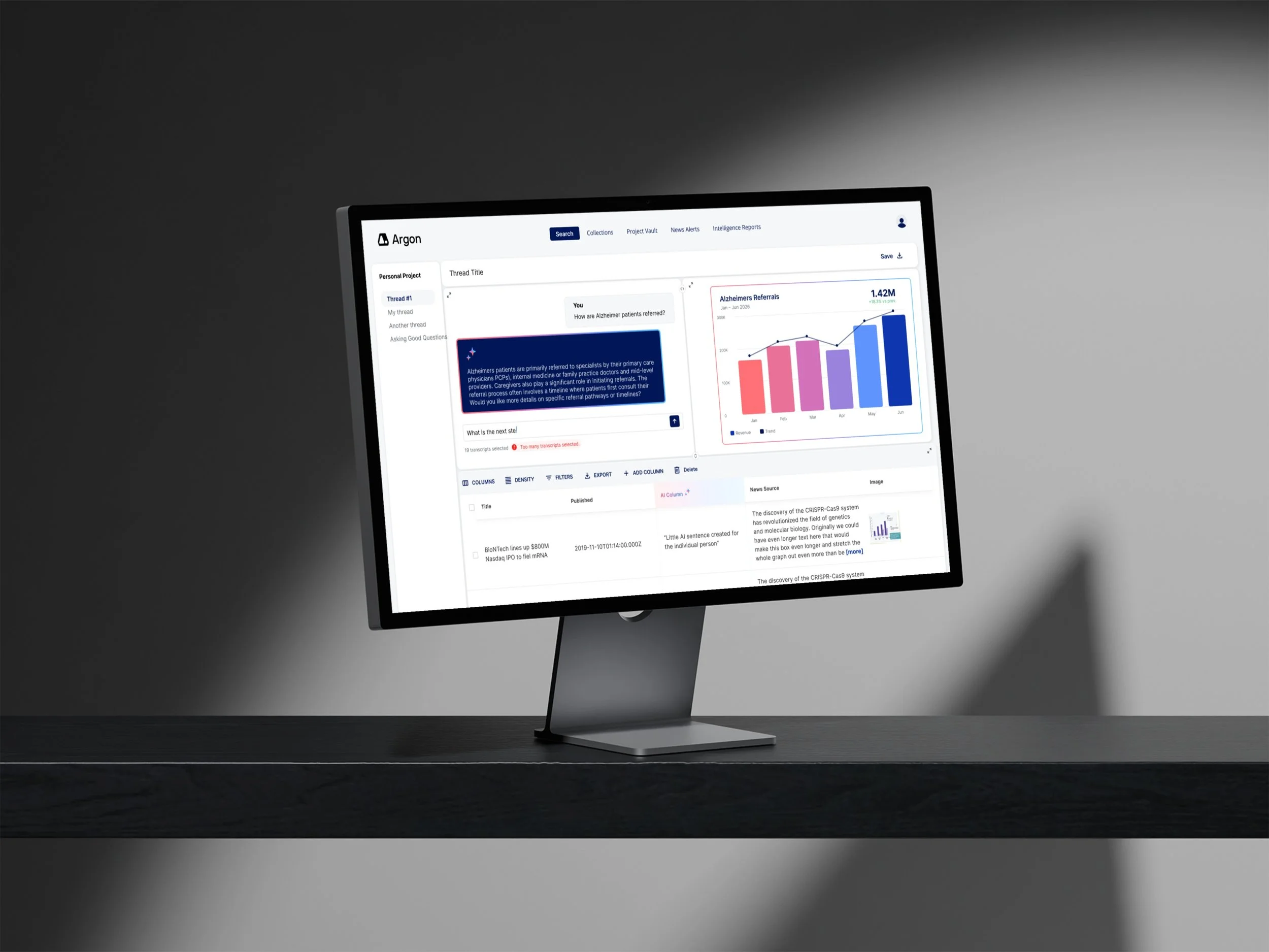 A computer monitor displaying a research or data analysis software interface with charts and text, placed on a dark desk against a dark, plain background.