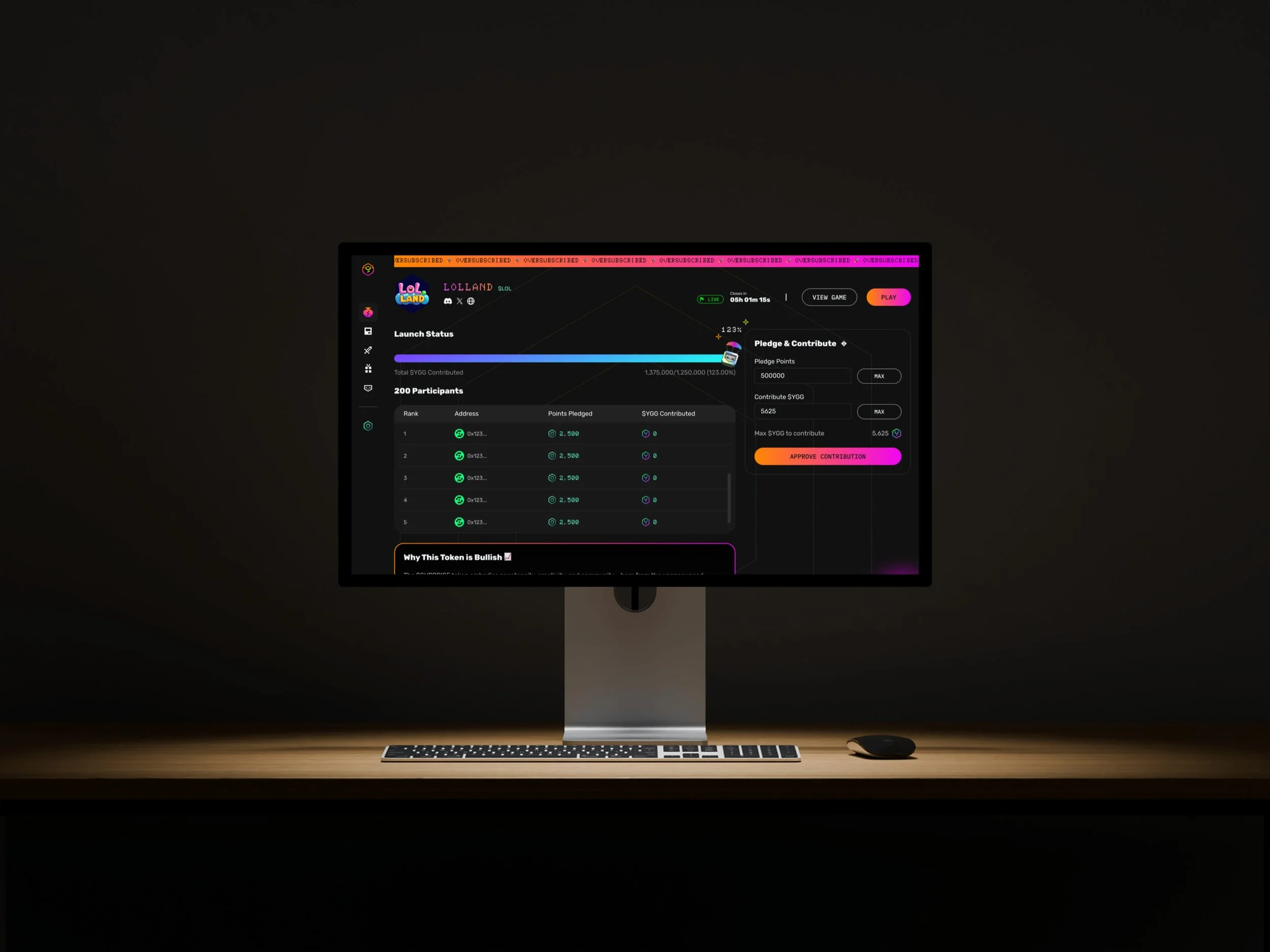 A computer monitor on a desk displaying a webpage related to a digital token project, with a dark background surrounding the screen, a keyboard, and a mouse.