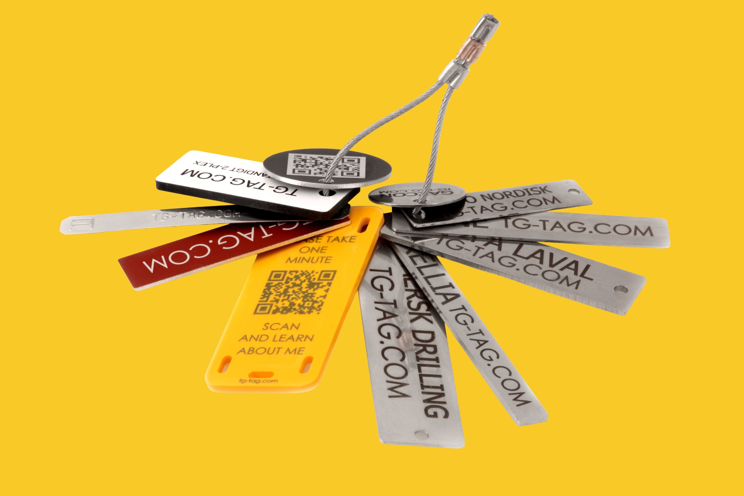 TAG samples in different materials with QR codes and industrial marking
