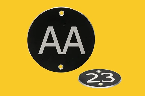 Round aluminium TAG markers with engraved identification for industrial equipment and components