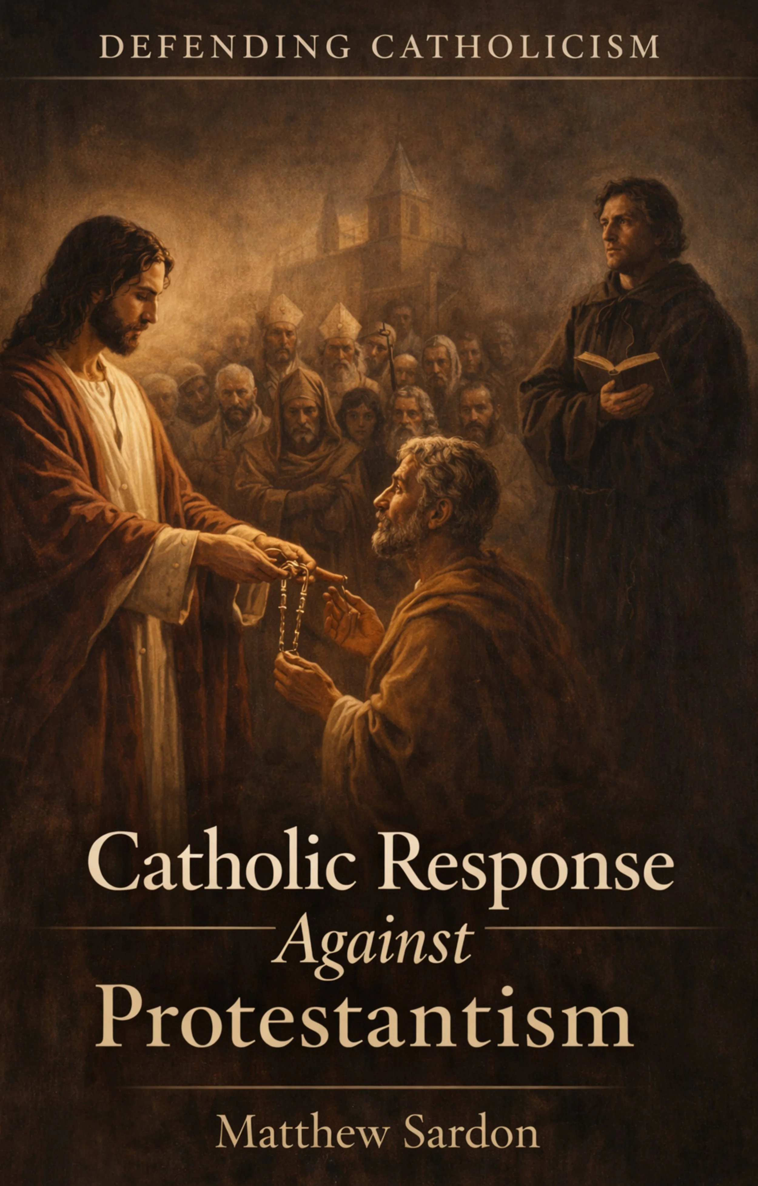 Book cover titled 'Defending Catholicism Against Protestantism' by Matthew Sardon, featuring a painting of a biblical scene with Jesus Christ and a man handing over a chain, surrounded by a crowd.
