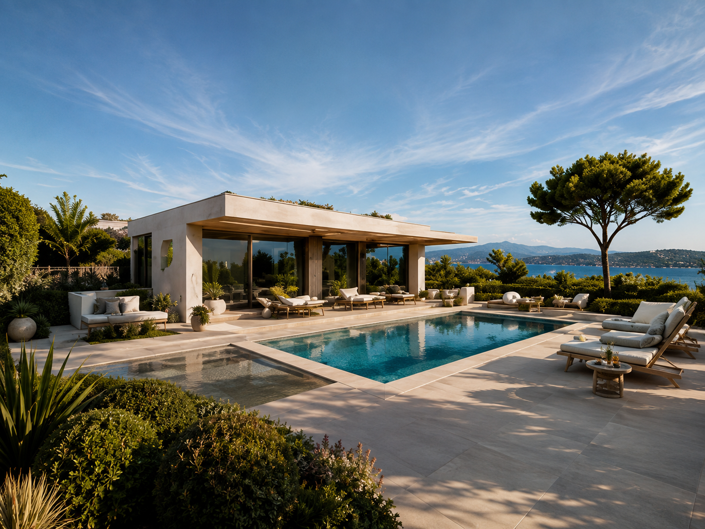 Une maison moderne avec une piscine extérieure, des chaises longues en bois avec coussins blancs, entourée de verdure et avec vue sur la mer et les montagnes en arrière-plan.