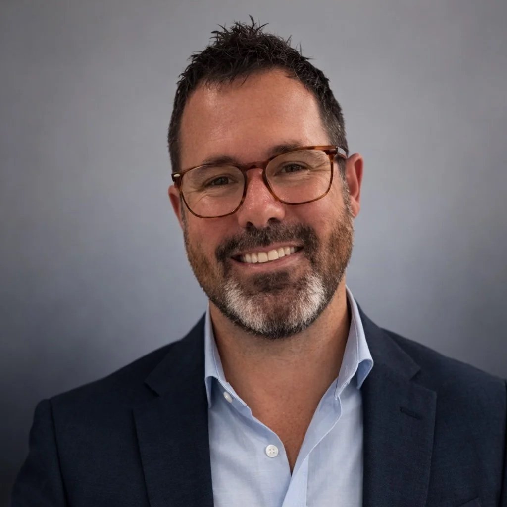 A smiling man with glasses, a beard, and short dark hair, wearing a dark blazer and light blue shirt, against a plain gray background.