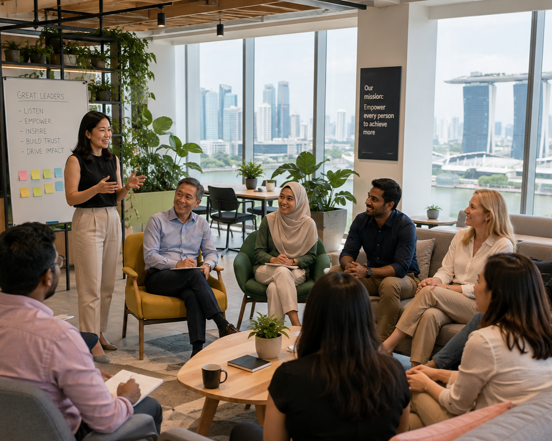 A diverse group of colleagues in a modern office listening to a woman presenting in front of a whiteboard, with large city skyline windows in the background.