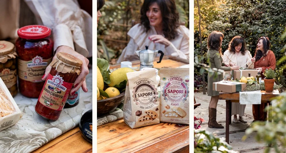 Three scenes: a jar of red sauce and other pantry items, a woman smiling near a table with fruits and baking ingredients, and three women chatting outdoors with a picnic table full of gifts and flowers.