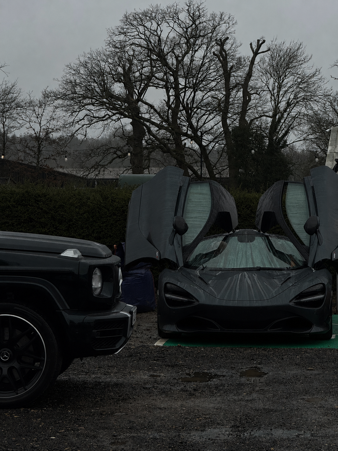 A black luxury car (McLaren) with its doors open, parked next to a black SUV on a wet, muddy surface on a cloudy day. In the background, leafless trees with overcast skies.