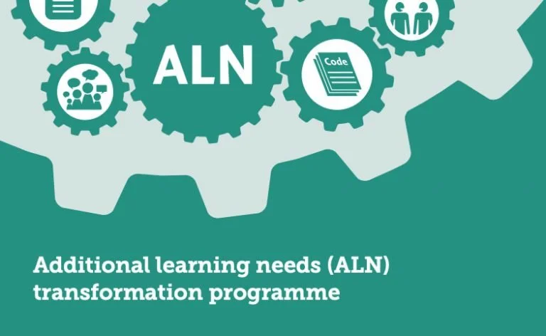 Graphic showing gears with icons related to learning and integration, including a document, people, and code, representing the Additional Learning Needs (ALN) transformation program.