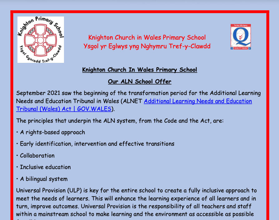 Document titled "Knighton Church in Wales Primary School" with a logo of a red cross and shield, and information about the school's approach to education under the ALN system, including principles like rights-based approach, collaboration, and inclusive education.